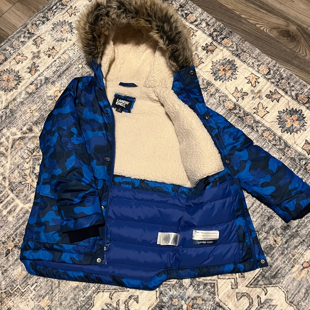 Lands' End Blue Camo Puffer Jacket with Faux Fur Hood